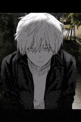 a black and white drawing of a boy with white hair and a black jacket