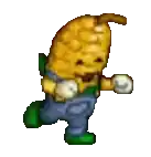 a cartoon of a corn on the cob wearing overalls and green shoes is dancing .