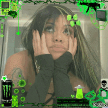 a picture of a girl with green hair and a monster energy drink