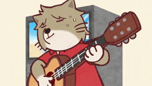 a cartoon cat is playing an acoustic guitar in front of a television