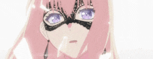 a girl with pink hair and purple eyes is wearing a lace mask on her face .