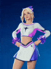 a cheerleader in a purple and white outfit with pom poms on her hands