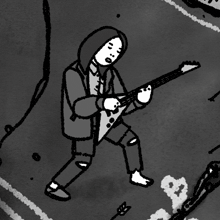 a drawing of a person playing a guitar with a surprised look on their face