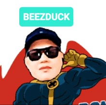 a cartoon of a man wearing sunglasses and a cape with the word beezduck above him
