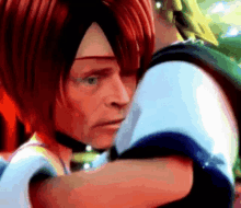 a cartoon character with red hair is hugging another person