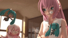 a girl with pink hair is holding a doll