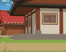 a cartoon drawing of a house with a red roof and a window