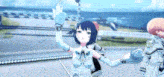 a couple of anime characters are standing next to each other on a stage in a video game .