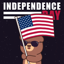 a teddy bear wearing sunglasses is holding an american flag in front of a poster that says independence day