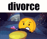 a cartoon of a coin driving a car with the word divorce on the bottom