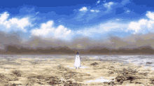 a person standing in the middle of a desert with a sword