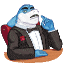 a pixel art of a shark wearing a tuxedo and bow tie .