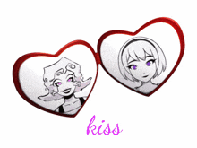 a couple of hearts with the word kiss written on it