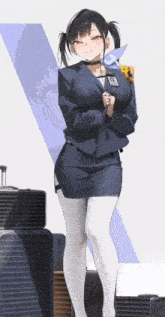 a woman in a suit and white tights has a badge that says r2 on it
