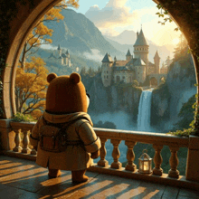 a teddy bear is standing on a balcony looking at a waterfall and a castle