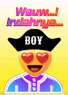 a smiley face wearing a black hat that says boy