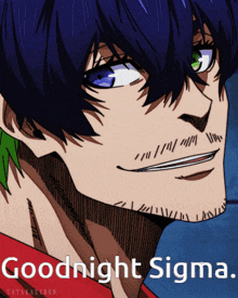 a picture of a man with blue hair and the words goodnight sigma on the bottom