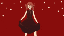 a woman in a black dress is dancing in front of a red background with stars