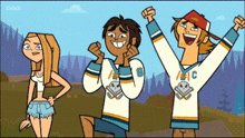 a group of cartoon characters are standing next to each other and one of them is wearing a jersey with the letter c on it .
