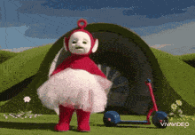 a teletubbies character in a pink tutu is standing next to a scooter .