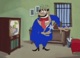 a cartoon character is standing in front of a television in a room