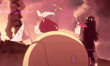 a couple of anime characters standing next to each other with one of them holding a flag that says ' t ' on it