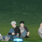 a cartoon of a man sitting on the grass next to a person laying on the ground
