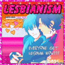 a picture of two boys hugging with the words lesbianism written above them