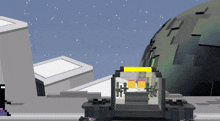 a pixel art drawing of a building with a yellow light on it
