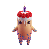 a cartoon character with a birthday cake and a candle
