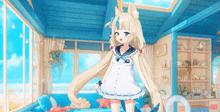 a girl in a sailor outfit is standing in a room with a lot of windows