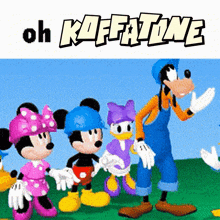 a cartoon of mickey mouse minnie mouse goofy and daisy duck standing in a line