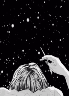 a black and white drawing of a person holding a cigarette in their hand in front of a starry sky .