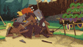 a bunch of angry birds are gathered around a pile of pieces of wood