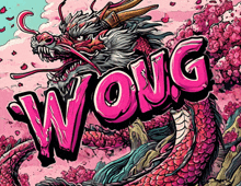 an illustration of a dragon with the word wong written in pink