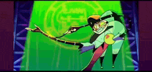 a cartoon character is dancing on a stage in front of a green light .