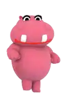 a pink cartoon hippo with big eyes and a red lip