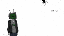 a man with a tv head is standing in front of a spider web with a spider on it .