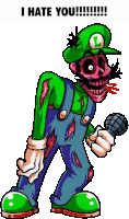 a cartoon of a zombie luigi holding a microphone