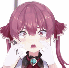 a girl with red hair and white gloves is making a funny face