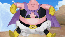 a cartoon character wearing a purple cape and a belt with the letter m on it