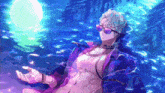 a man in a purple jacket and sunglasses is floating in the water