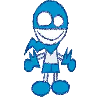 a blue and white drawing of a person 's face and arms