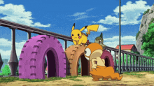 a pikachu is sitting on top of a purple tire next to an orange squirrel