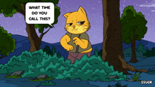 a cartoon cat with a speech bubble saying what time do you call this