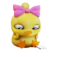 a stuffed yellow duck with a pink bow on its head is holding a cell phone