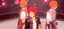 a group of anime characters are standing next to each other on a stage in a dark room .