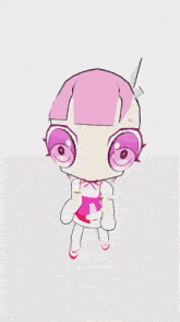 a cartoon girl with pink hair and big pink eyes