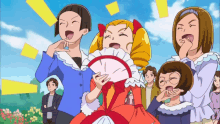 a group of cartoon characters including a girl in a red dress holding a fan