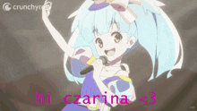 a girl singing into a microphone with crunchyroll written in the corner